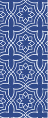 A decorative pattern featuring floral and geometric designs in blue and white.
