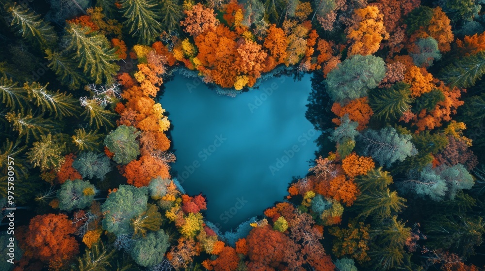 Poster a blue lake surrounded by trees with leaves of different colors