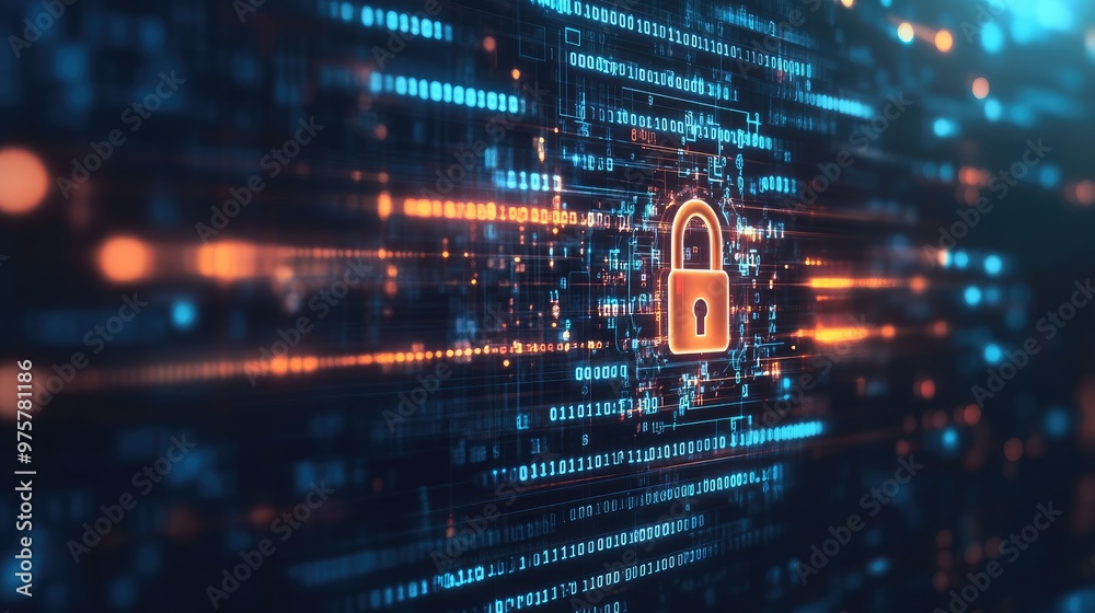 Poster digital padlock on a technology background with binary code, representing cybersecurity and data pri