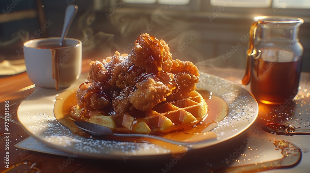 Wall mural a plate of waffles with syrup and chicken on top