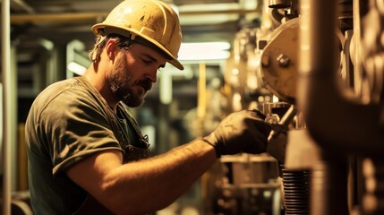 Obraz premium Construction worker in hard hat operates heavy machinery on job site with precision