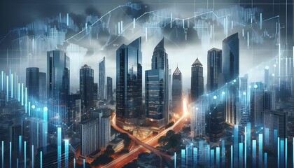 Skyscrapers with superimposed financial charts, symbolizing real estate market trends on a cloudy sky background, concept of market analysis