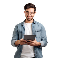 Smiling Man in Casual Outfit Holding Tablet On Transparent Background for Digital Use