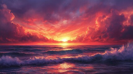 stunning view of a sunset over the ocean featuring a sky in brilliant shades of orange, red, and purple highlighting the serene and picturesque nature of the scene