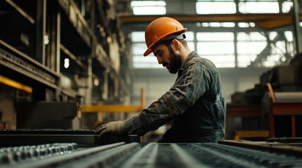 A construction worker in a hard hat operating heavy machinery with precision and care