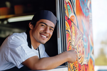 Hispanic chef is leaning out of the window of his food truck, smiling