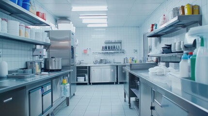 A spotless, well-organized kitchen with sanitation labels, showcasing food safety and hygiene in a commercial setting.
