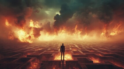 Fototapeta premium A lone man stands in a fiery maze, looking ahead with determination. The flames engulf the world, suggesting a perilous journey.