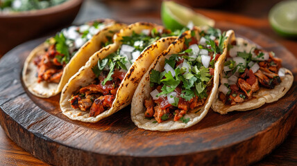 Tacos topped with cilantro and onions served with lime on National Taco Day at a festive table