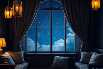 Starry Night Window with Lantern-Lit Room.generative AI