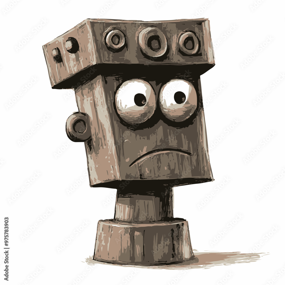 Sticker Whimsical Wooden Robot Character with Sad Expression