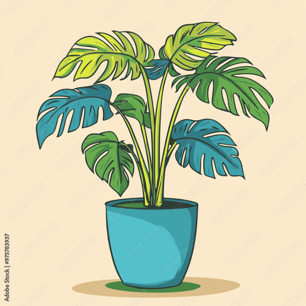 Wall mural Stylized Monstera Plant in a Colorful Pot