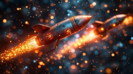 Fototapeta premium Two futuristic rockets soaring through a starry background, leaving trails of light.