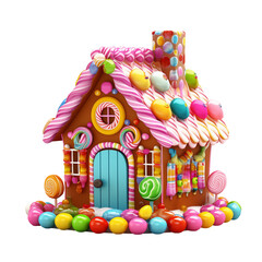 Naklejka premium Colorful Gingerbread House Decorated With Candies And Lollipops Isolated On White