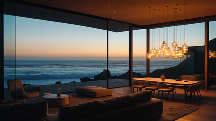 Fototapeta premium Oceanfront Serenity: Minimalist House with Warm Lighting at Dusk