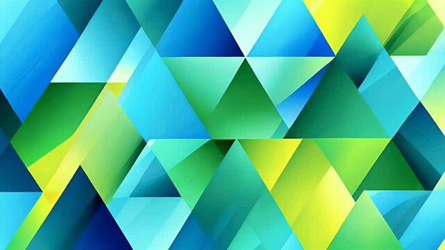 A vibrant abstract design featuring geometric triangles in shades of blue and green.
