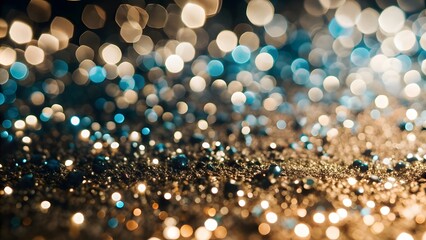 Multicolored particles in the air like sparkles on a dark background with depth of field. beautiful bokeh light effects with colored particles. Abstract modern background for holiday presentations