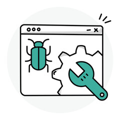 Bug Fixing Icon Design. Representing Debugging. Software Development. Error Correction. Code Improvement. Vector icon.