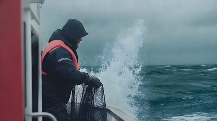 Fisherman in a boat casting nets in heavy seas during a stormy day
