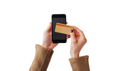 Hand holding smartphone and credit card online shopping concept on transparent background