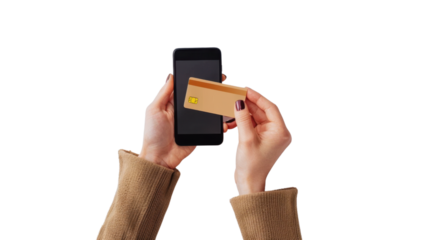 Hand holding smartphone and credit card online shopping concept on transparent background