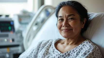 MiddleAged Pacific Islander Woman Smiling in Hospital Resting in Bed Next to Medical Equipment for Healthcare and Wellness