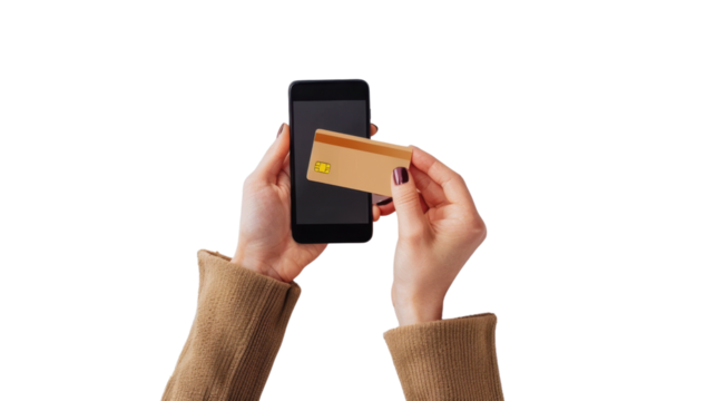Hand holding smartphone and credit card online shopping concept on transparent background