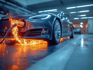 An electric vehicle is parked in a dimly lit indoor garage while flames burst from the charging cable, creating an urgent and dangerous situation