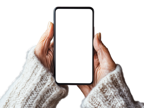 Two hands gently hold a blank smartphone, with fingers adorned by a cozy knitted sweater, suggesting a moment of anticipation or readiness for communication