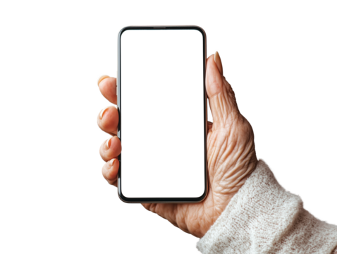 A person's hand is gripping a contemporary smartphone with a blank display. The hand appears aged, indicating experience, and the scene is well-lit, suggesting a friendly atmosphere