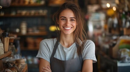 detailed view of a woman wearing an apron and smiling while working in a small shop capturing the essence of retail service and the friendly environment of a local store