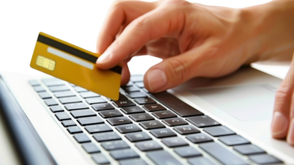 Hand holding smartphone and credit card online shopping concept on transparent background