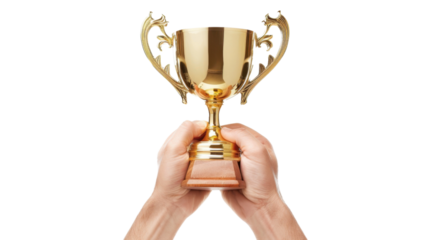 Hand holding champion golden trophy on transparent background