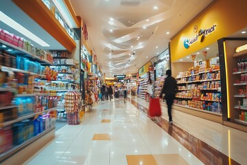 Fototapeta premium Empty aisle of a grocery store, with blurred shoppers, full shelves and bright lighting