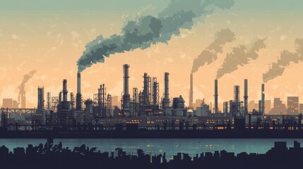 Fototapeta premium An industrial cityscape featuring an oil refinery, meticulously illustrated in line art with smoke rising into a clear, layered sky above.