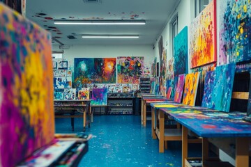 Colorful art studio filled with vibrant paintings. The creative space inspires artists and art lovers. Bright colors and textures create a lively atmosphere. Generative AI