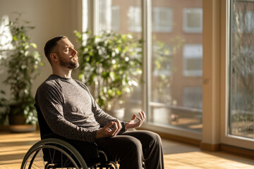 Man sitting in a wheelchair is practicing meditation in front of a window in his modern and bright apartment