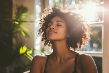 Serene young woman with eyes closed taking a deep breath of fresh air by the window at home