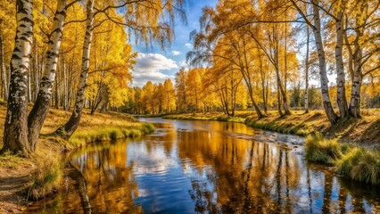 Obraz premium Autumn landscape with colorful birch trees and a tranquil river reflecting golden foliage