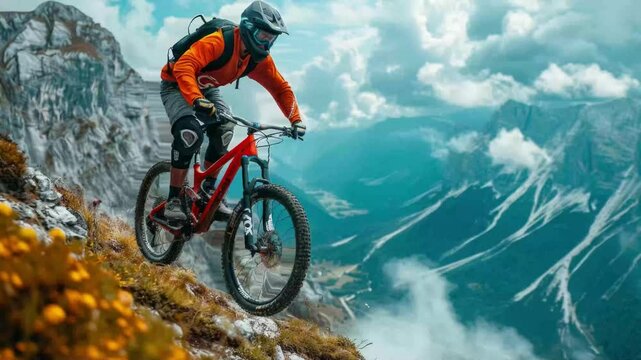 A cyclist in an orange jacket and black helmet, riding on a narrow dirt trail along a steep mountain slope.  The atmosphere conveys adventure, adrenaline and the beauty of nature.