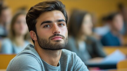 Fototapeta premium academic atmosphere with a focused man listening to a lecture in a classroom setting, symbolizing engagement and educational participation