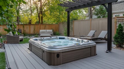 Obraz premium A backyard deck featuring a built-in hot tub, lounge chairs, and a pergola providing partial shade.