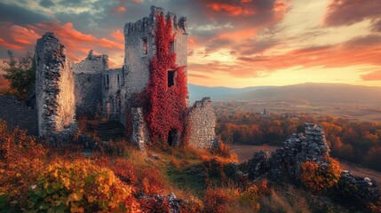 Obraz premium Ancient Stone Ruins Bathed in Golden Sunset