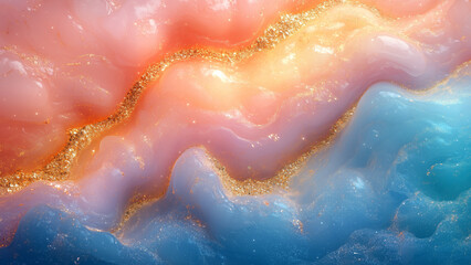 Fototapeta premium Liquid Gold Flow: Melting Ore with Stunning Blue, Green, and Pink Blends