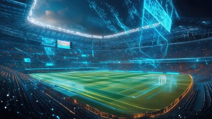 High-tech sports stadium with AI gameplay analysis systems and immersive features like augmented reality for spectators, redefining live sports.