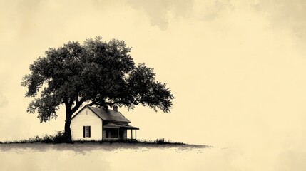 solitary house under large tree on minimalist background, peaceful rural scene. simplicity and isolation concept