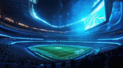 High-tech sports stadium with AI gameplay analysis systems and immersive features like augmented reality for spectators, redefining live sports.