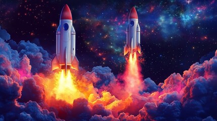 Two rockets launching into a colorful cosmic scene filled with clouds and stars.