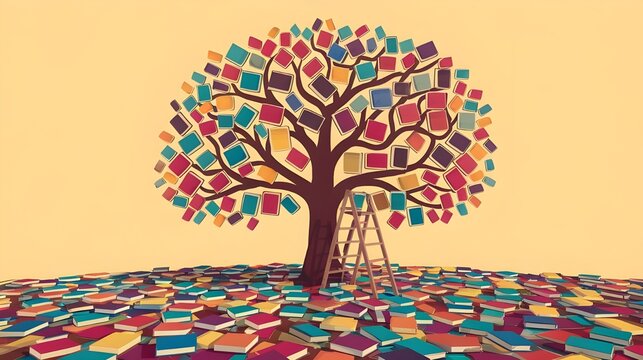 A photo of an apple tree with the branches replaced by books. International literacy day concept, Literacy, education, knowledge concept.