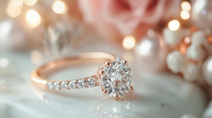 A diamond-studded ring displayed on a marble surface, with a soft-focus background of wedding decorations.